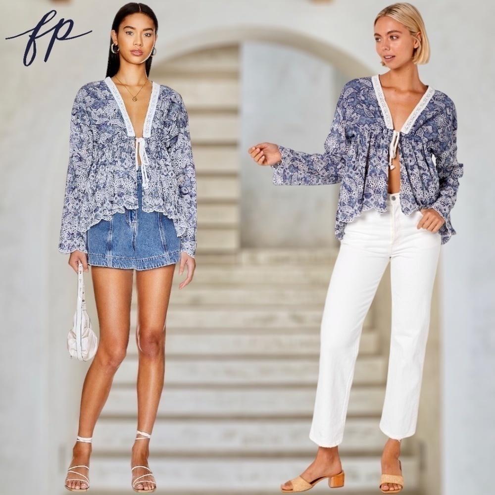 FREE PEOPLE NWT Anissa Floral-Print Eyelet/Embroidered Tie-Front Bed Jacket/Lg - Picture 4 of 14